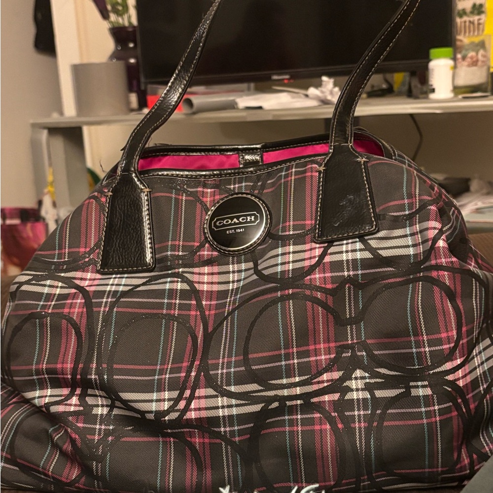 Coach Black and Pink Cosmetic Bag with Plaid Design